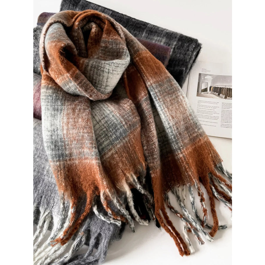 Plaid Fringe Scarf Sherbet / One Size Apparel and Accessories