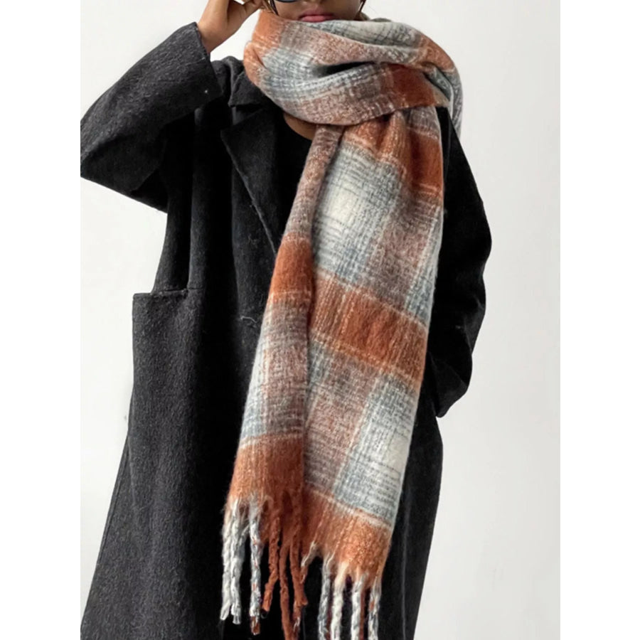 Plaid Fringe Scarf Sherbet / One Size Apparel and Accessories