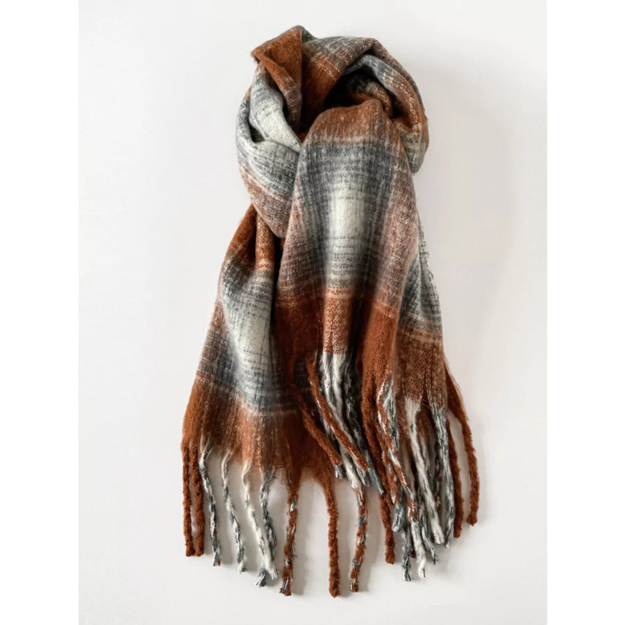 Plaid Fringe Scarf Sherbet / One Size Apparel and Accessories