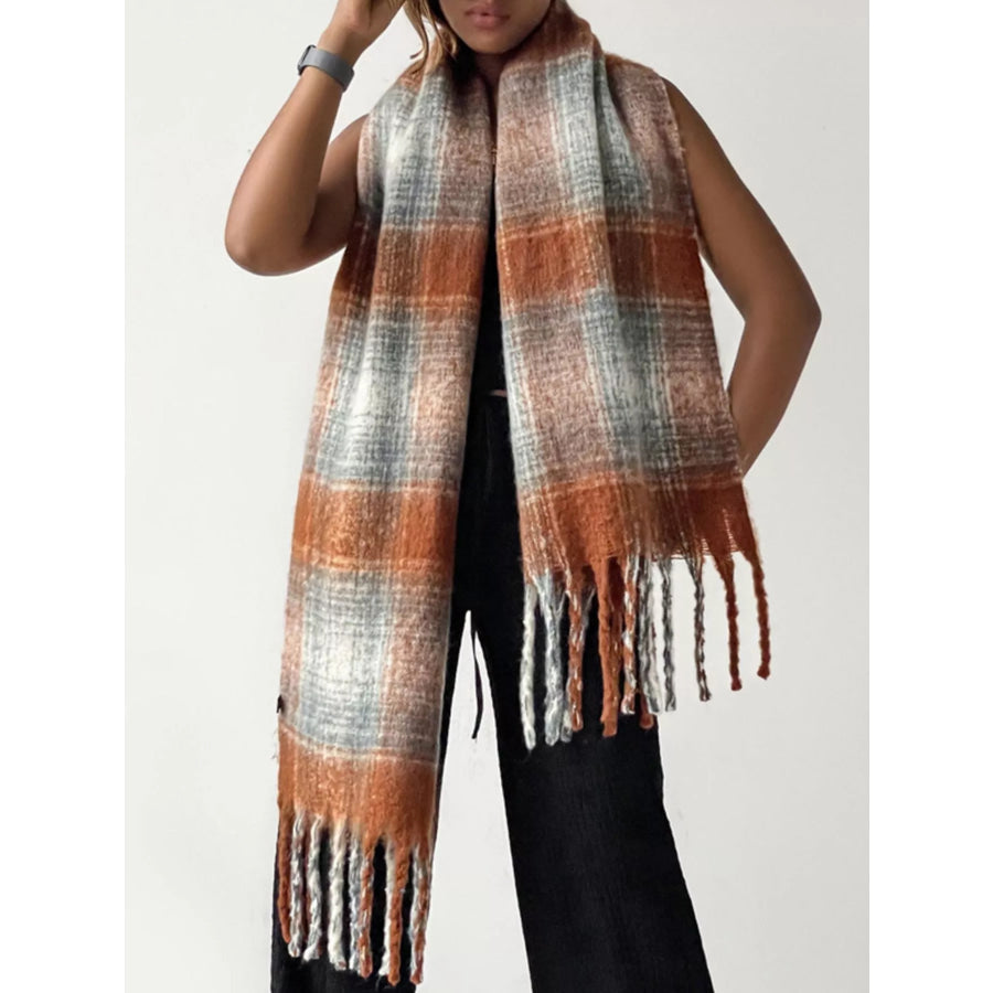 Plaid Fringe Scarf Sherbet / One Size Apparel and Accessories