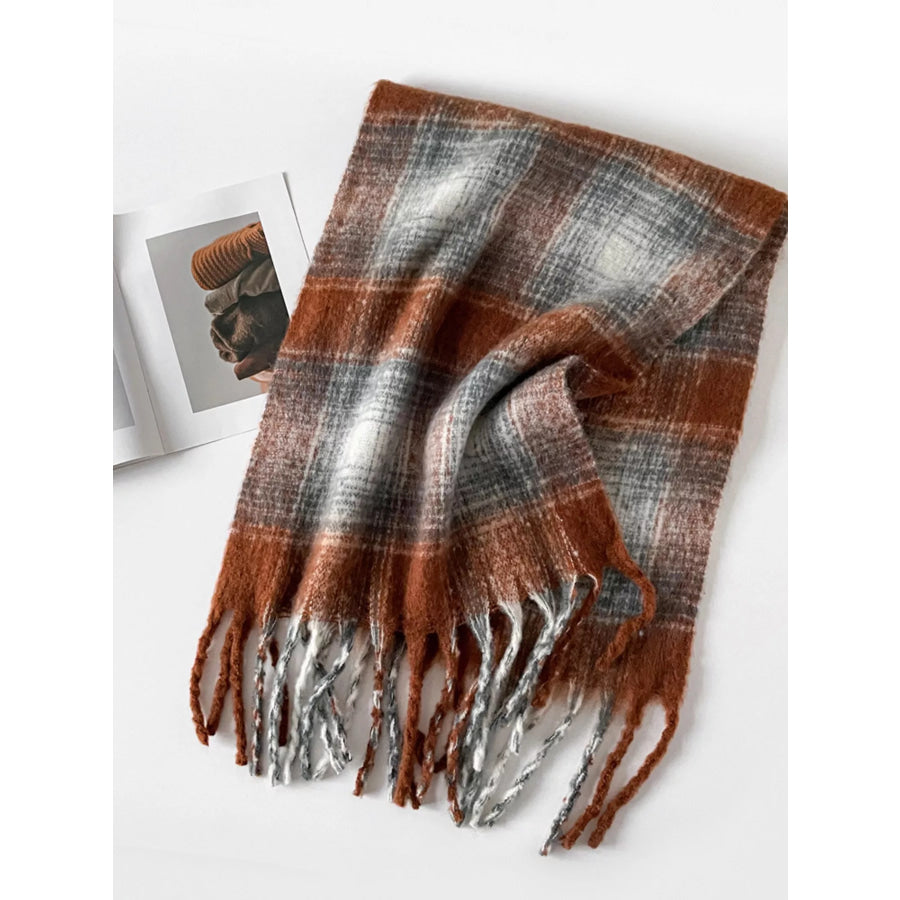 Plaid Fringe Scarf Sherbet / One Size Apparel and Accessories