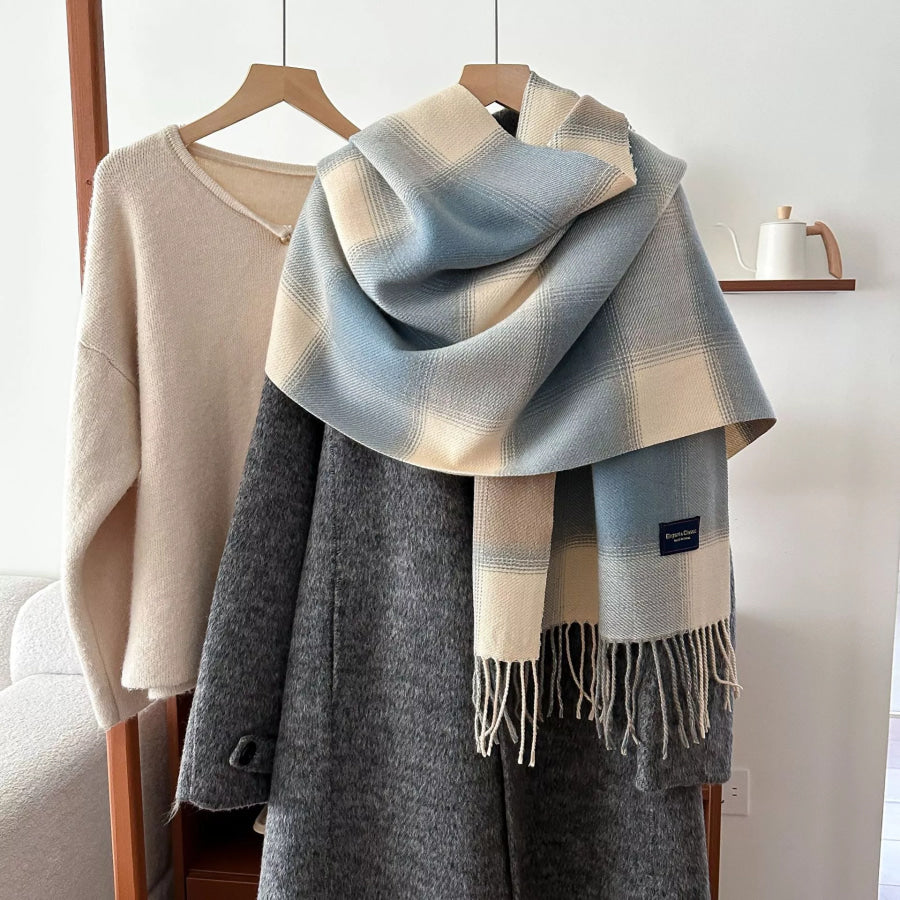 Plaid Fringe Scarf Sky Blue / One Size Apparel and Accessories