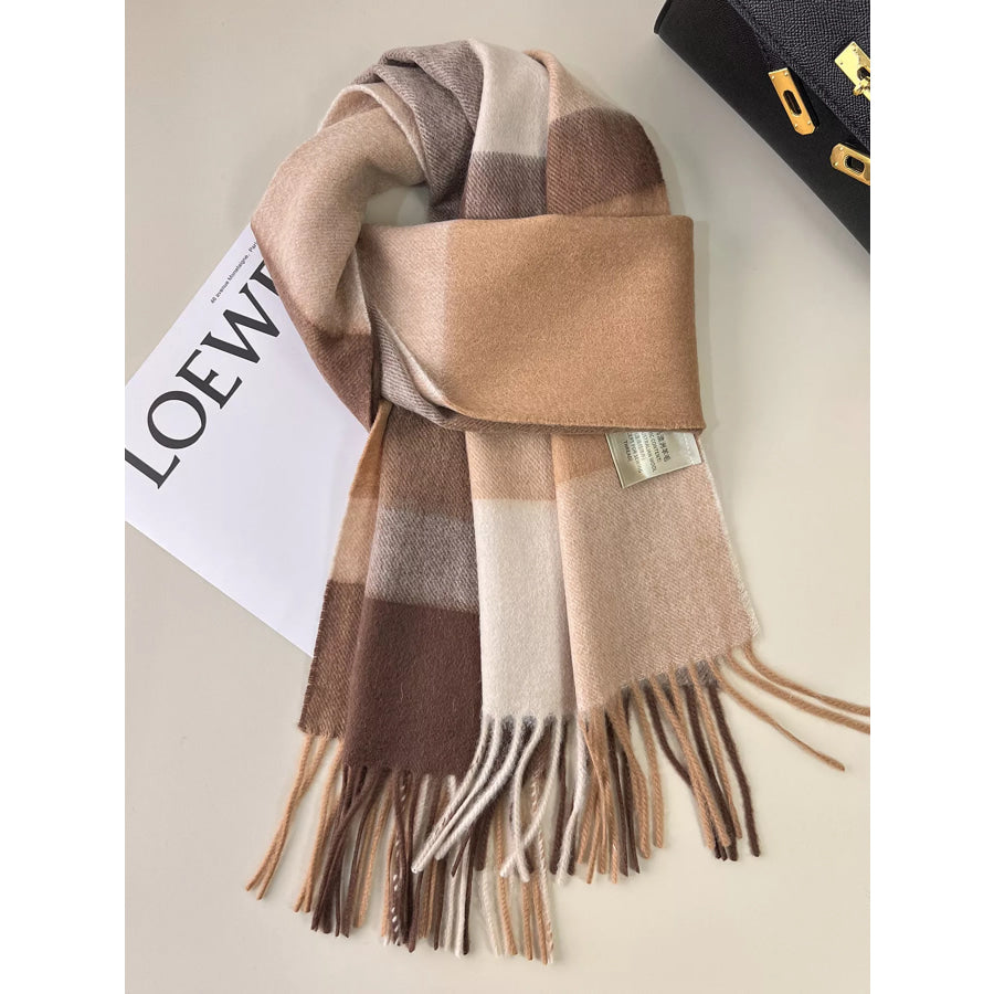 Plaid Fringe Scarf Tan / One Size Apparel and Accessories
