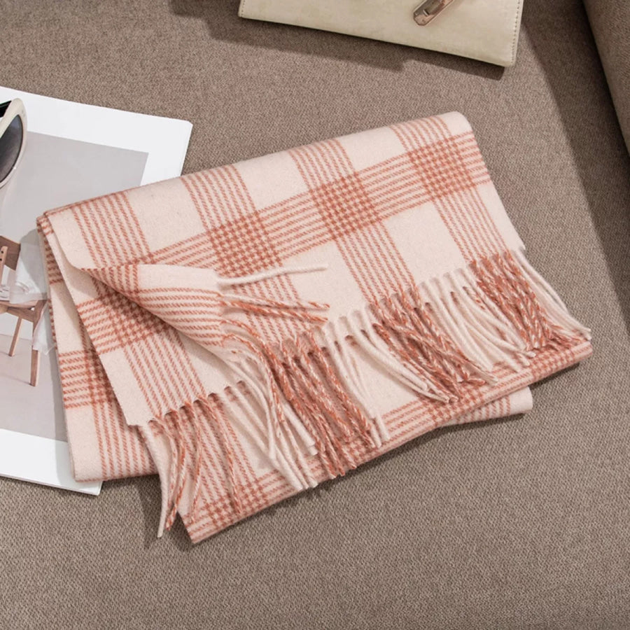 Plaid Fringe Scarf Watermelon pink / One Size Apparel and Accessories