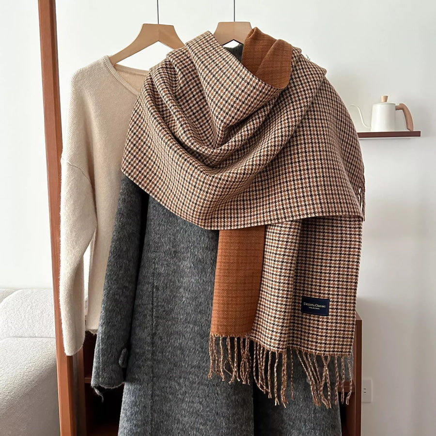 Plaid Fringe Warm Winter Scarf Dark Brown / One Size Apparel and Accessories