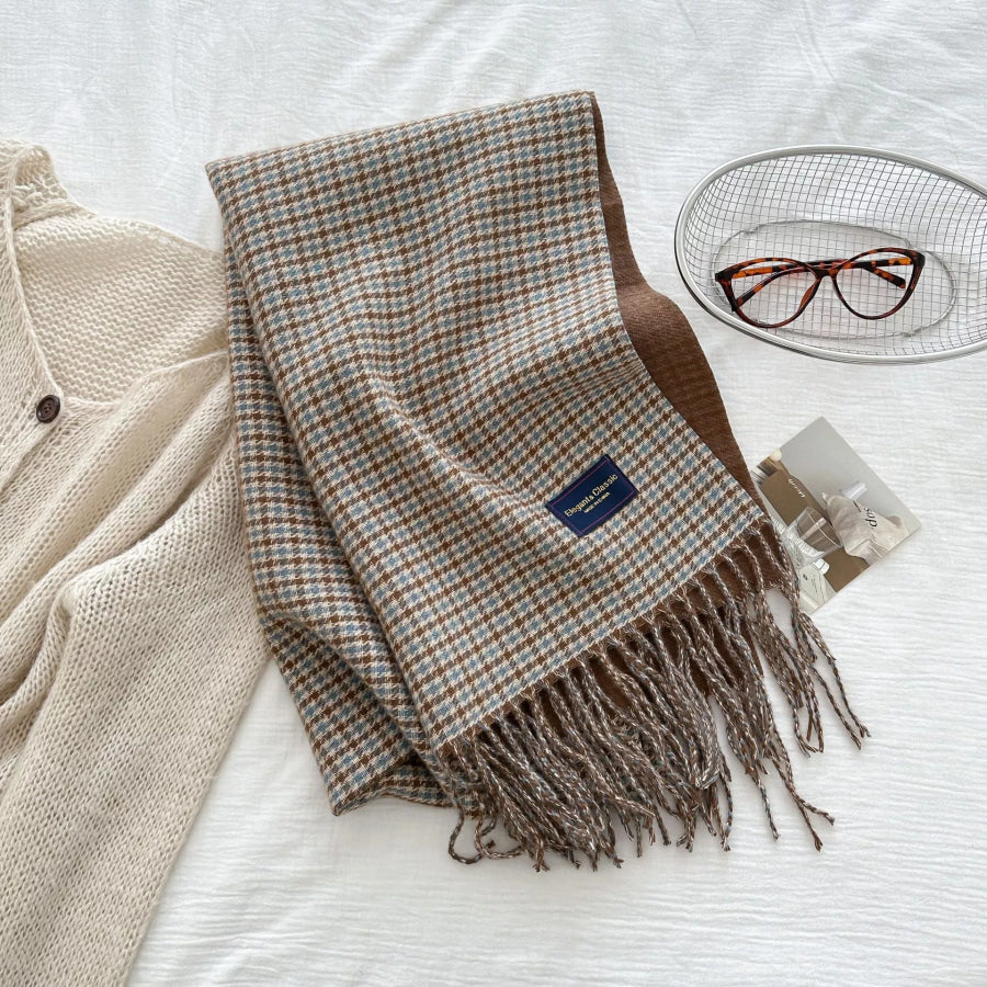Plaid Fringe Warm Winter Scarf Gray / One Size Apparel and Accessories