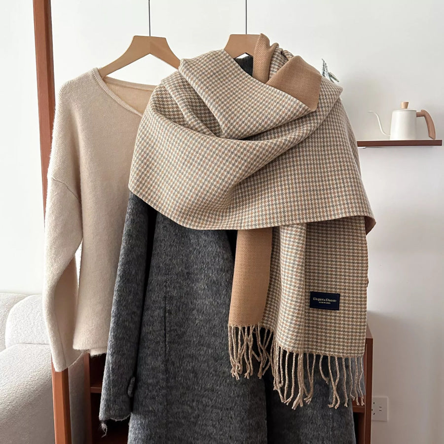 Plaid Fringe Warm Winter Scarf Ivory / One Size Apparel and Accessories