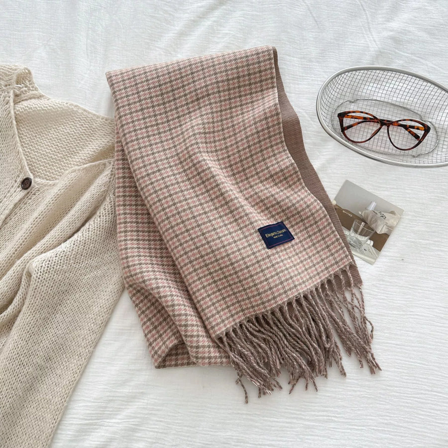 Plaid Fringe Warm Winter Scarf Pink / One Size Apparel and Accessories