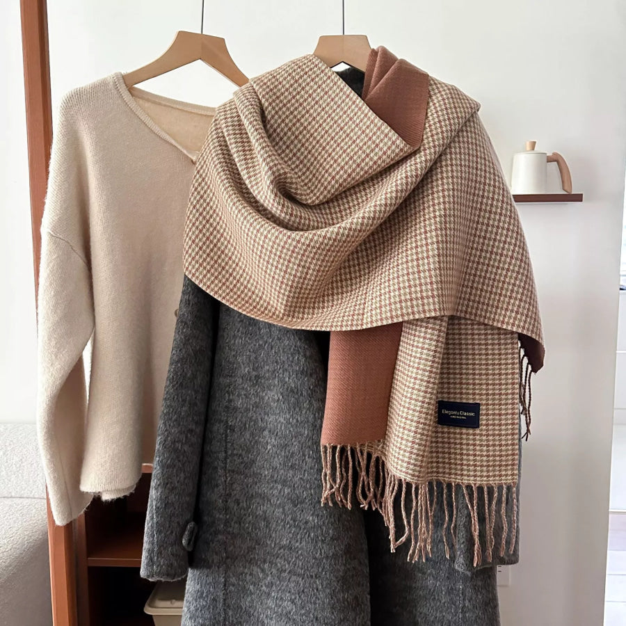 Plaid Fringe Warm Winter Scarf Tan / One Size Apparel and Accessories