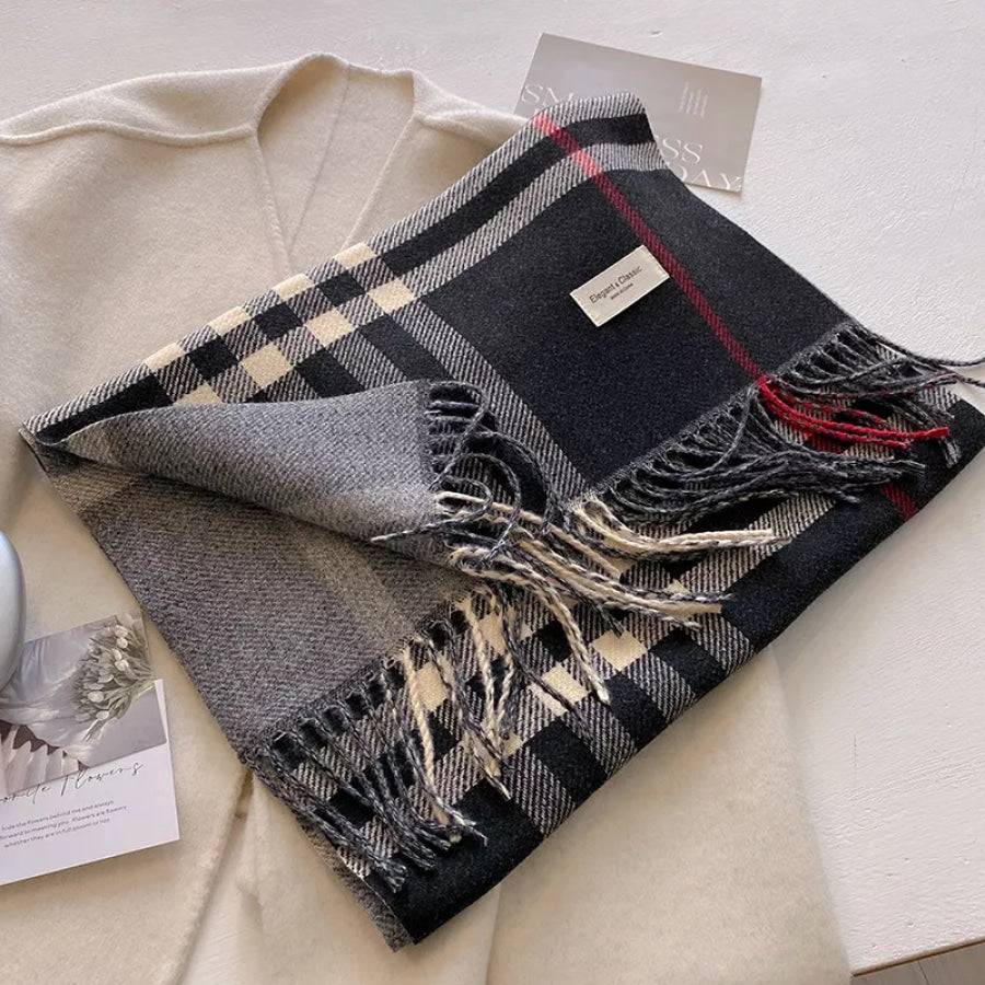 Plaid Fringe Winter Scarf Black / One Size Apparel and Accessories