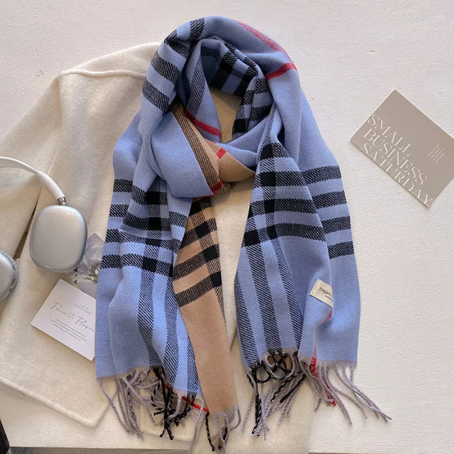 Plaid Fringe Winter Scarf Sky Blue / One Size Apparel and Accessories