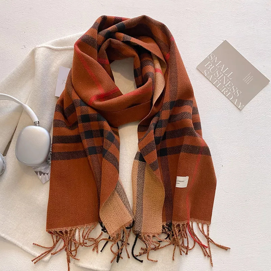 Plaid Fringe Winter Scarf Terracotta / One Size Apparel and Accessories