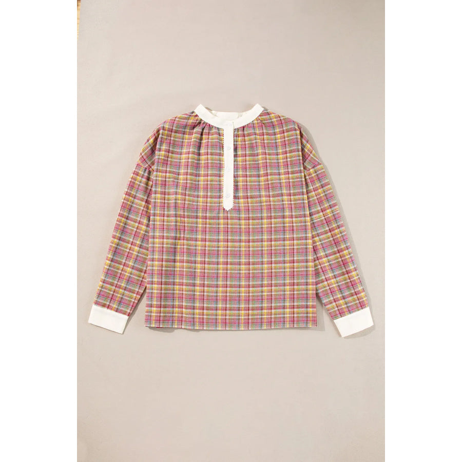 Plaid Half Button Long Sleeve Blouse Plaid / S Apparel and Accessories