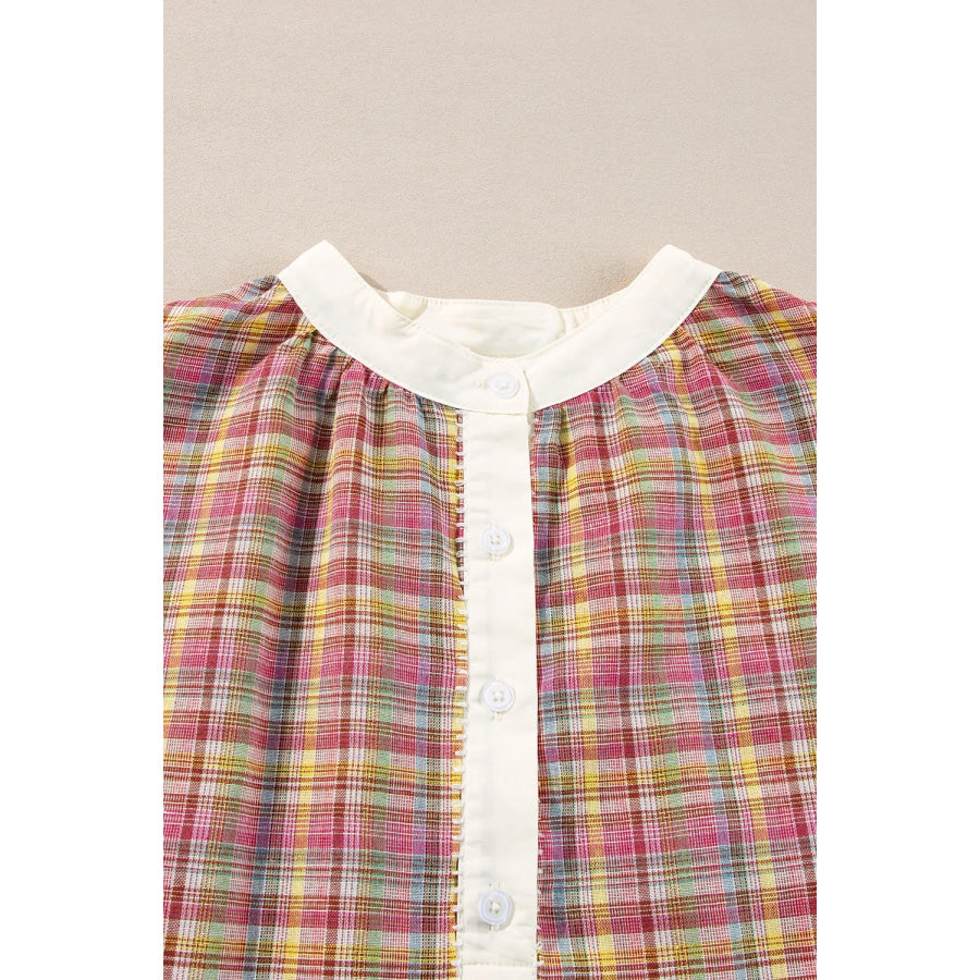 Plaid Half Button Long Sleeve Blouse Apparel and Accessories