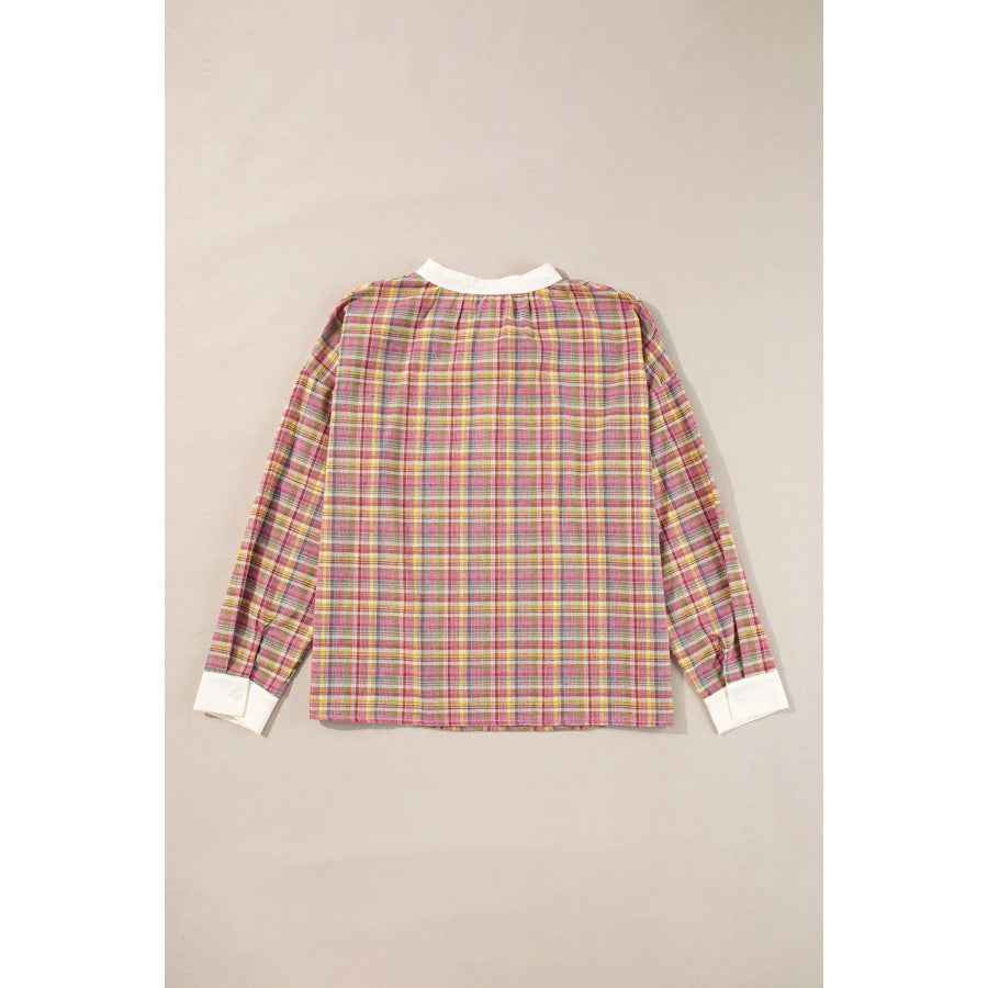 Plaid Half Button Long Sleeve Blouse Apparel and Accessories