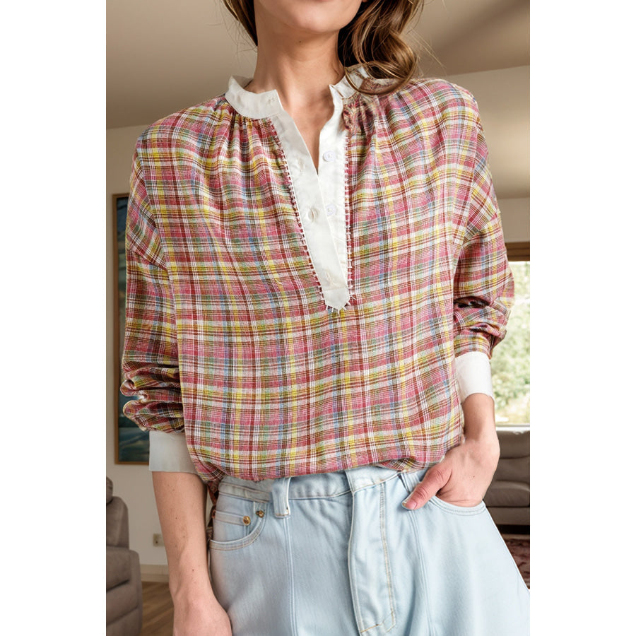 Plaid Half Button Long Sleeve Blouse Plaid / S Apparel and Accessories