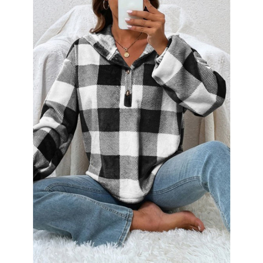 Plaid Half Button Long Sleeve Hoodie Black / S Apparel and Accessories