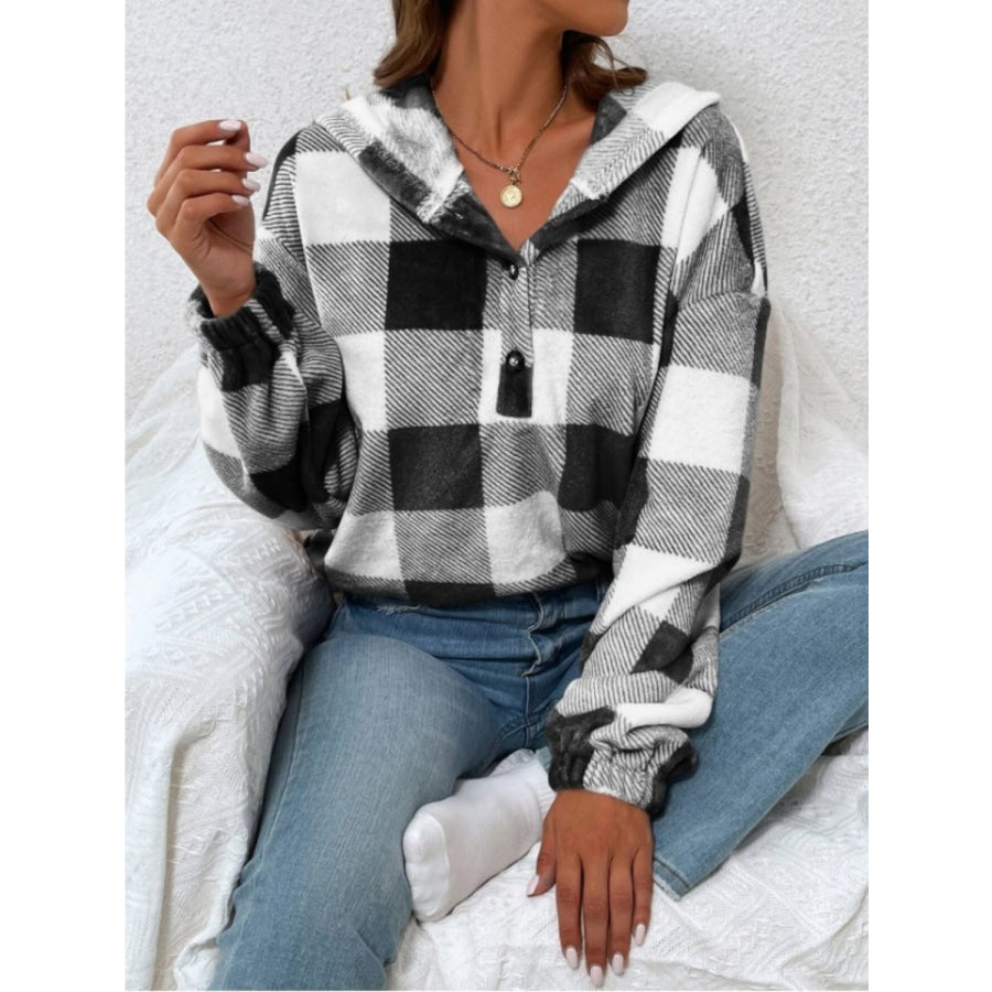 Plaid Half Button Long Sleeve Hoodie Apparel and Accessories