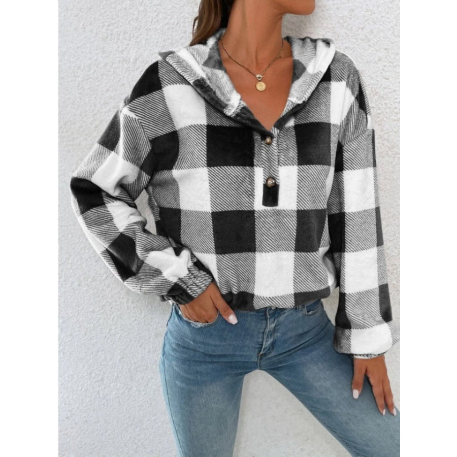 Plaid Half Button Long Sleeve Hoodie Black / S Apparel and Accessories