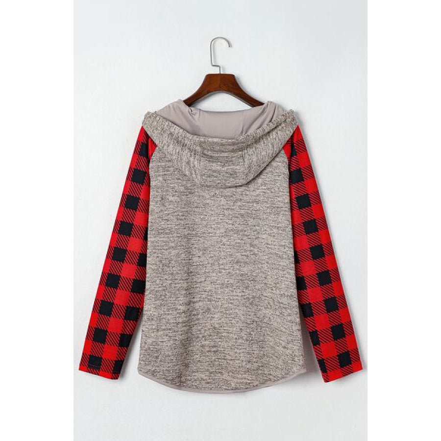Plaid Half Snap Long Sleeve Hoodie Charcoal / S Apparel and Accessories