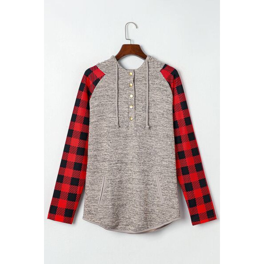 Plaid Half Snap Long Sleeve Hoodie Charcoal / S Apparel and Accessories