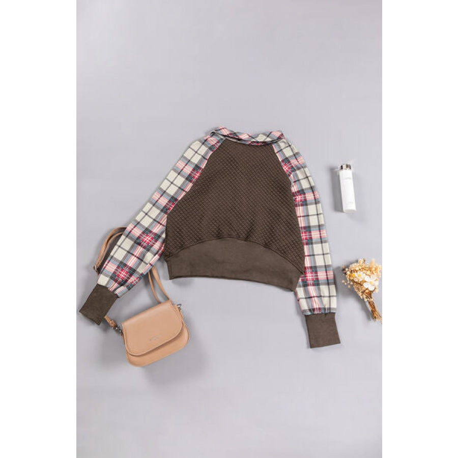 Plaid Half Zip Kangaroo Pocket Sweatshirt Apparel and Accessories