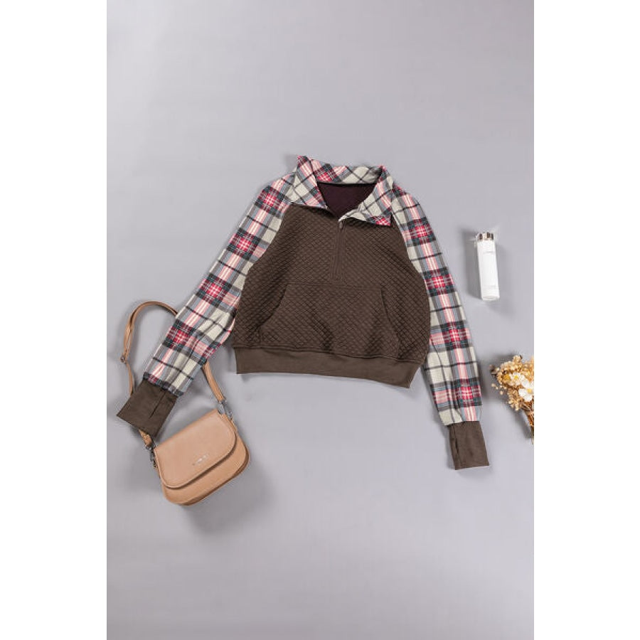 Plaid Half Zip Kangaroo Pocket Sweatshirt Apparel and Accessories