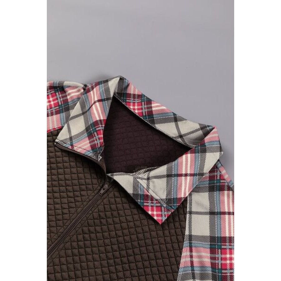 Plaid Half Zip Kangaroo Pocket Sweatshirt Apparel and Accessories