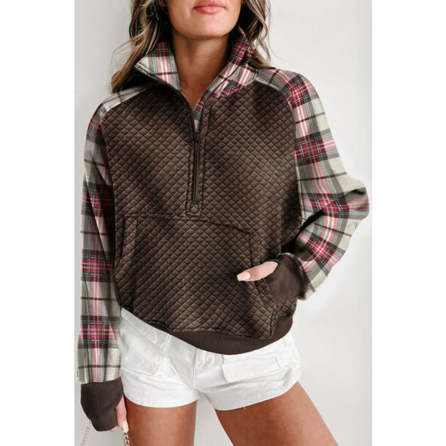 Plaid Half Zip Kangaroo Pocket Sweatshirt Chocolate / S Apparel and Accessories