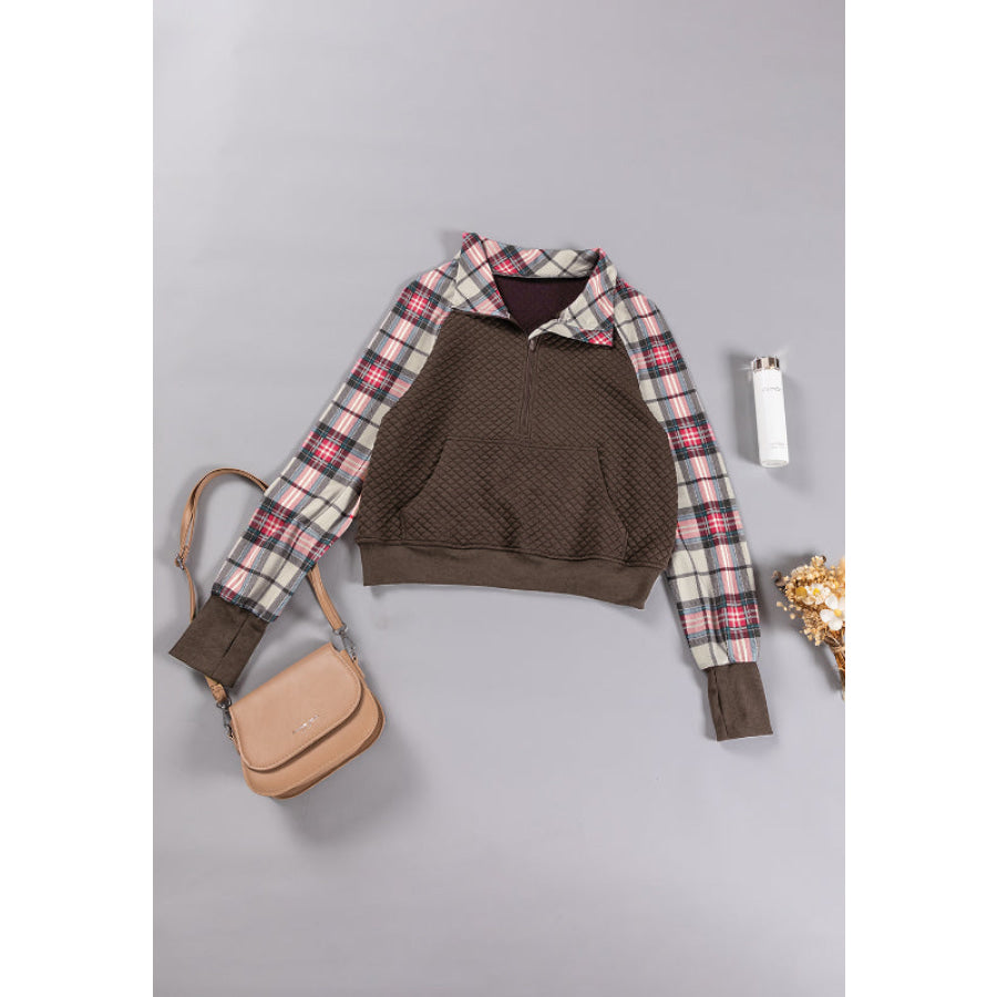 Plaid Half Zip Long Sleeve Sweatshirt Apparel and Accessories