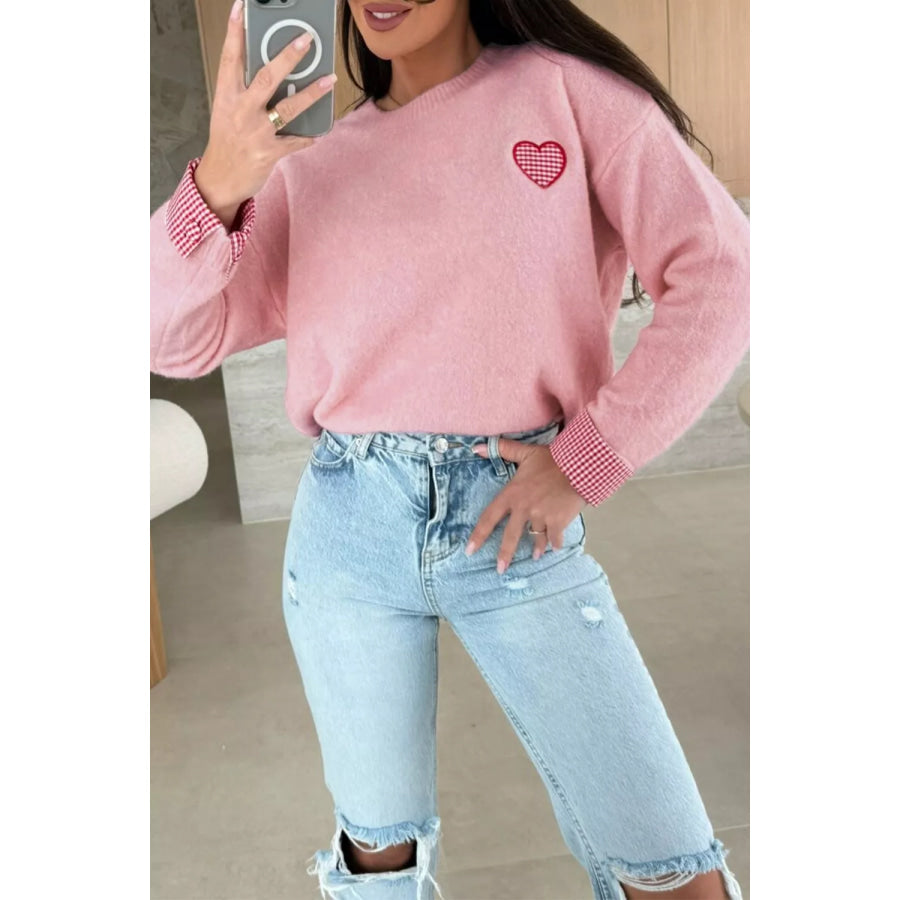 Plaid Heart Embroidered Cuffed Drop Shoulder Crew Neck Sweater Apparel and Accessories