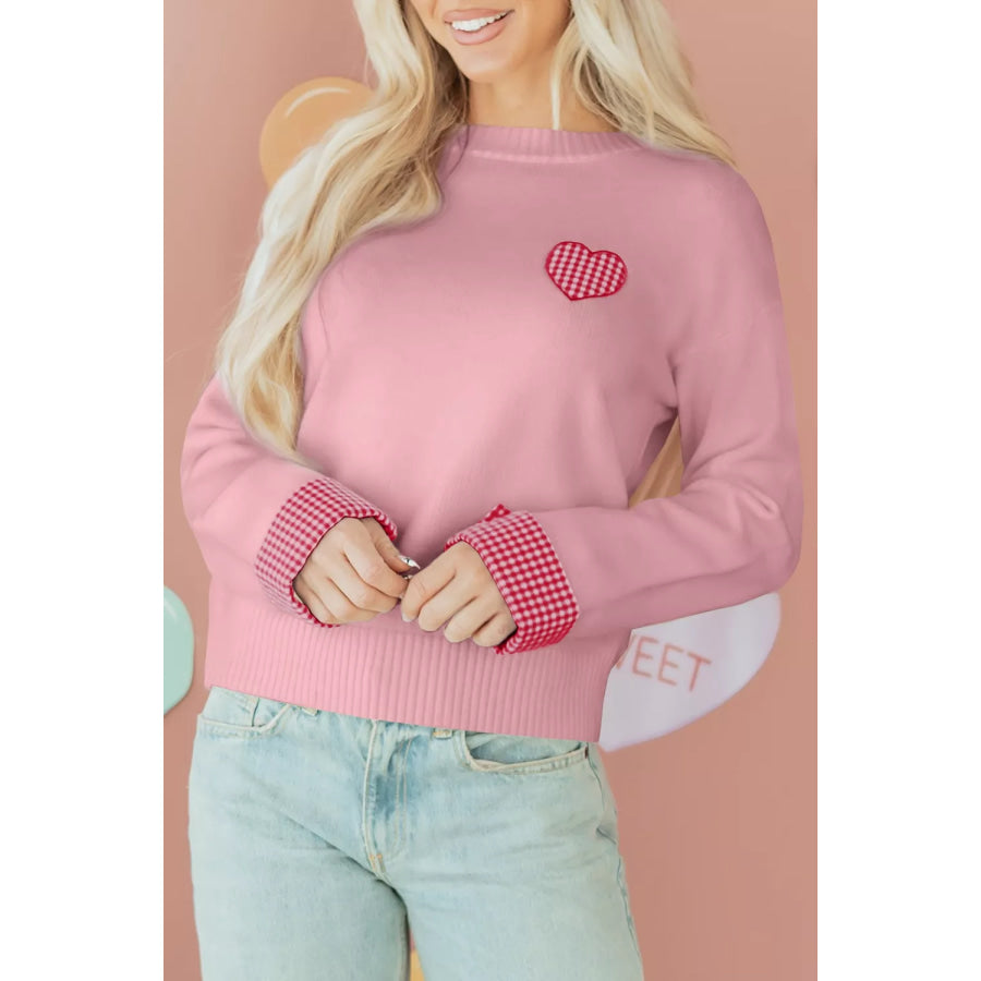 Plaid Heart Embroidered Cuffed Drop Shoulder Crew Neck Sweater Apparel and Accessories