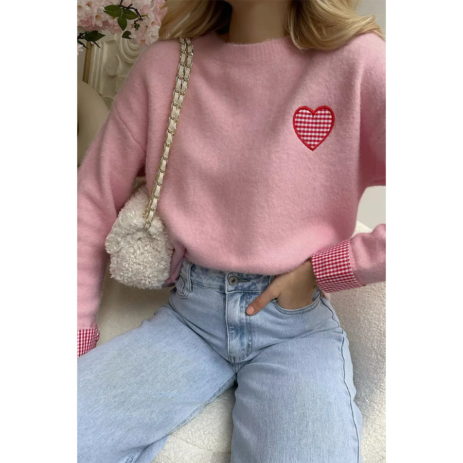 Plaid Heart Embroidered Cuffed Drop Shoulder Crew Neck Sweater Apparel and Accessories