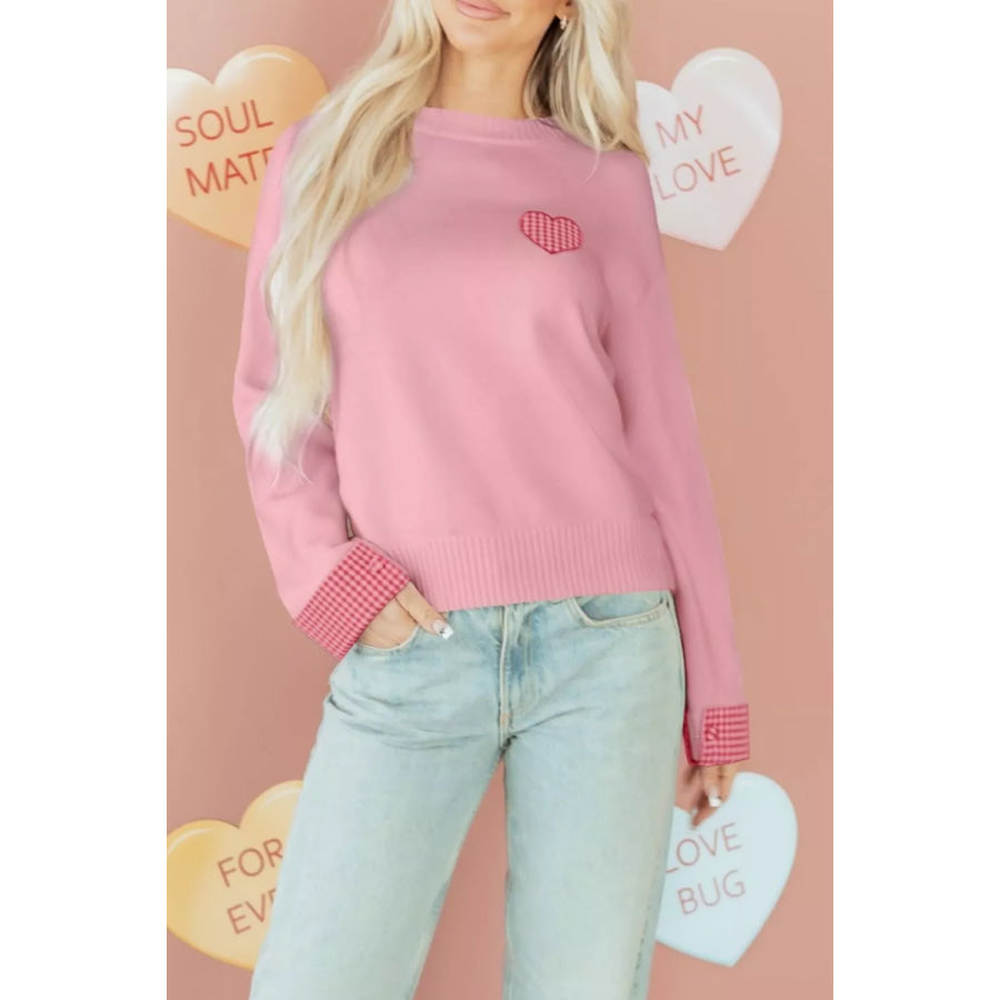 Plaid Heart Embroidered Cuffed Drop Shoulder Crew Neck Sweater Apparel and Accessories