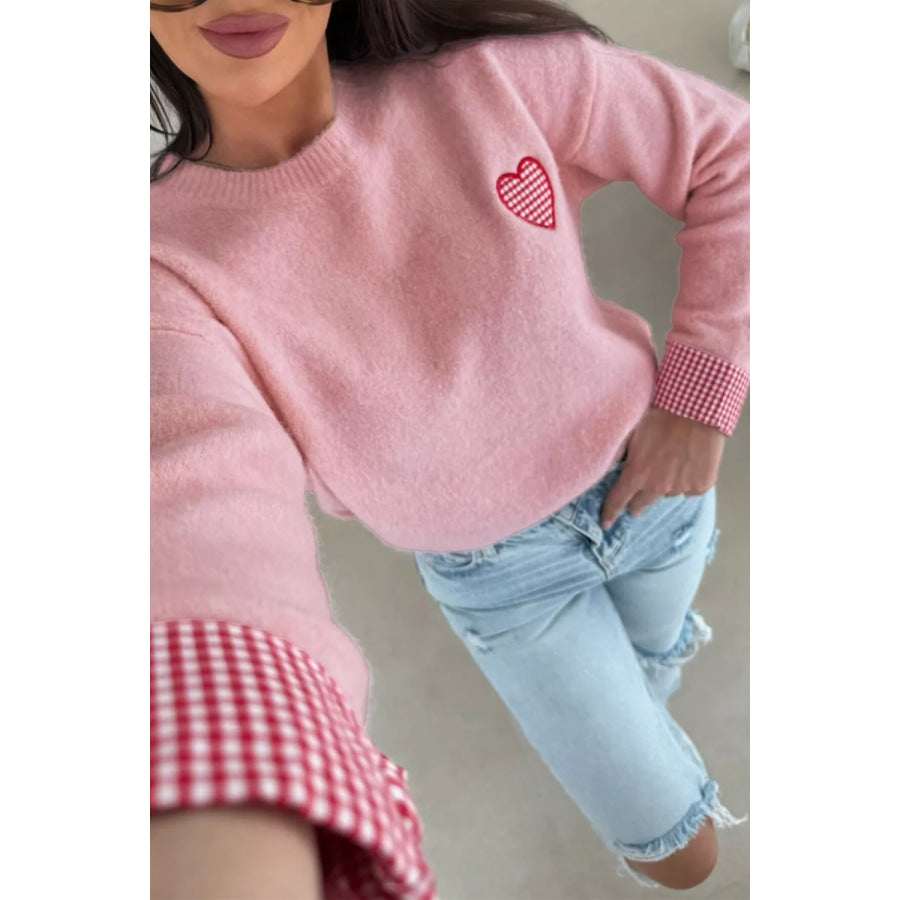 Plaid Heart Embroidered Cuffed Drop Shoulder Crew Neck Sweater Dusty Pink / S Apparel and Accessories