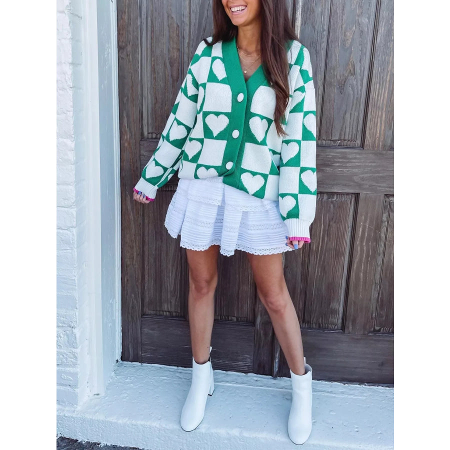 Plaid Heart Knit V Neck Button Down Sweater Cardigan Apparel and Accessories