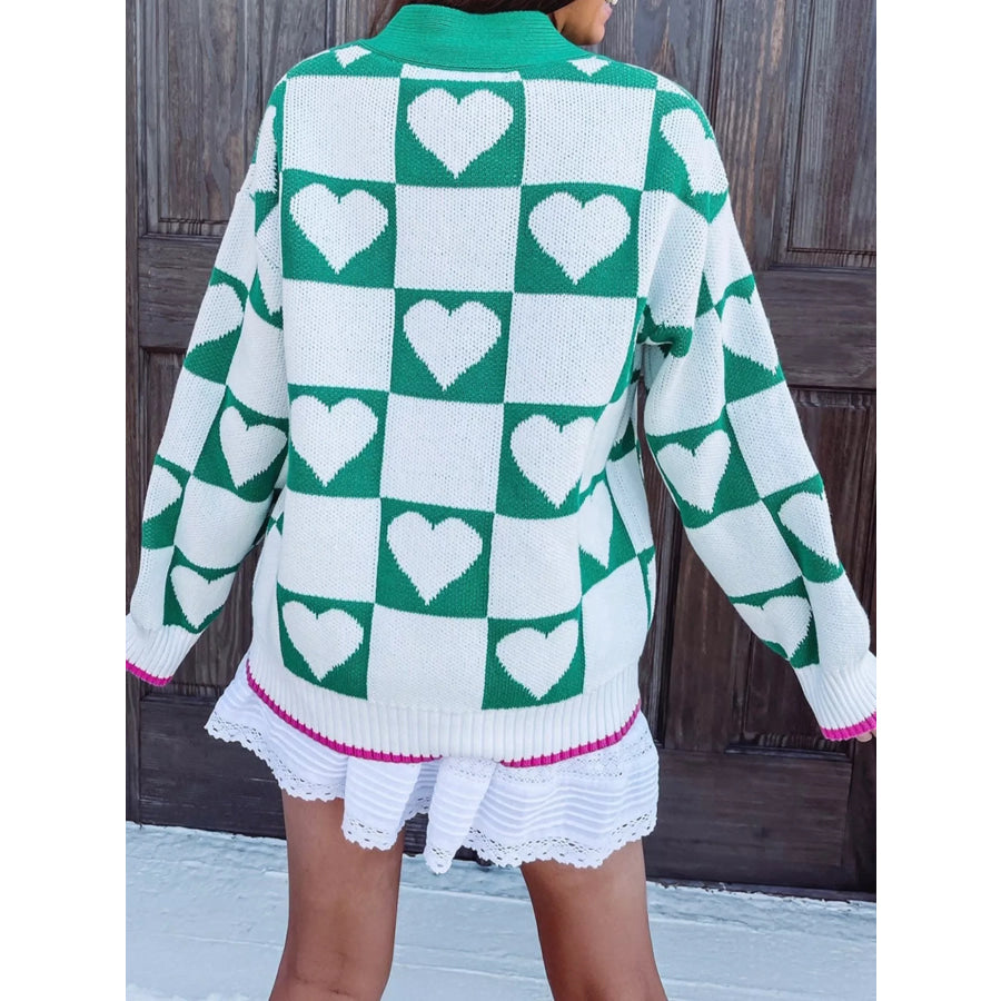 Plaid Heart Knit V Neck Button Down Sweater Cardigan Apparel and Accessories
