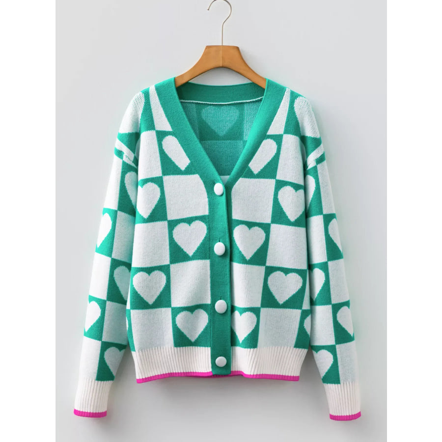 Plaid Heart Knit V Neck Button Down Sweater Cardigan Apparel and Accessories