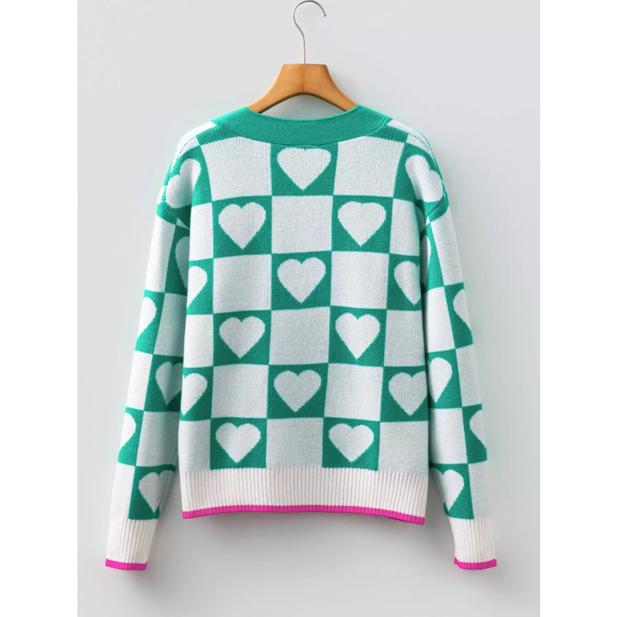 Plaid Heart Knit V Neck Button Down Sweater Cardigan Apparel and Accessories