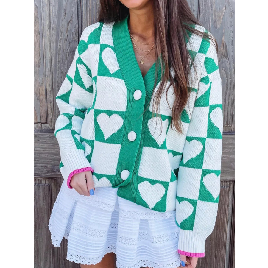 Plaid Heart Knit V Neck Button Down Sweater Cardigan Apparel and Accessories