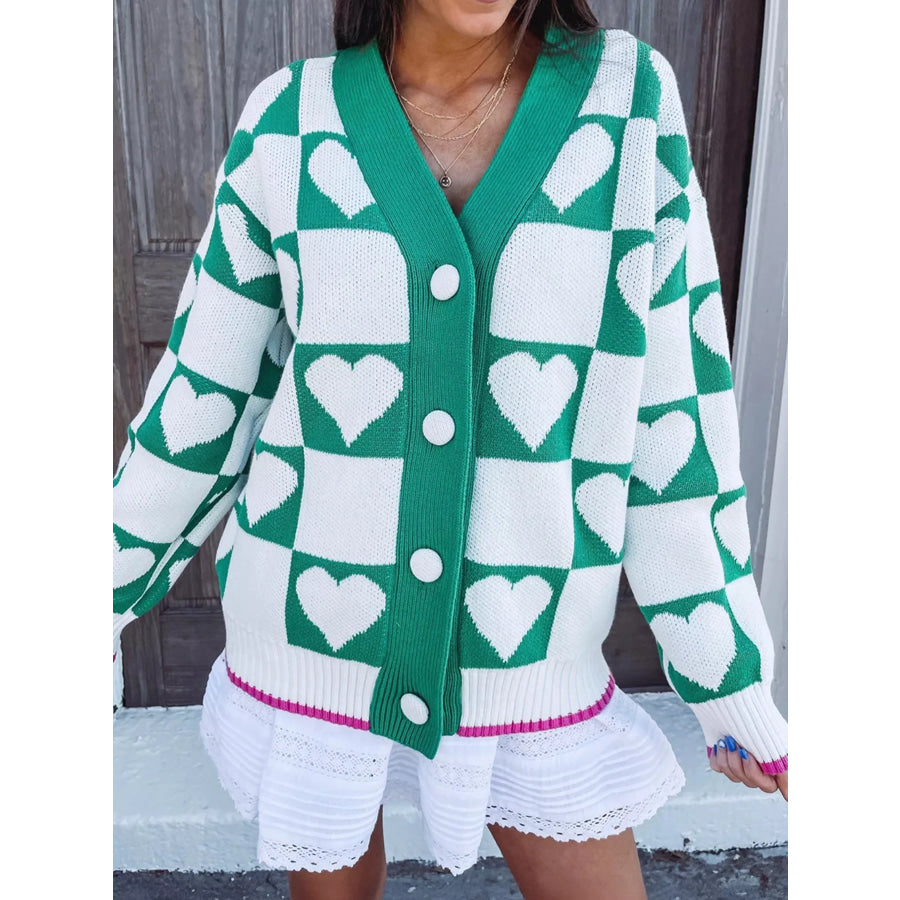 Plaid Heart Knit V Neck Button Down Sweater Cardigan Turquoise / S Apparel and Accessories