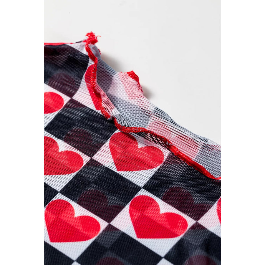Plaid Heart Mesh Sheer Long Sleeve High Neck Top Apparel and Accessories