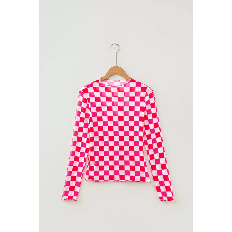 Plaid Heart Mesh Sheer Long Sleeve High Neck Top Apparel and Accessories