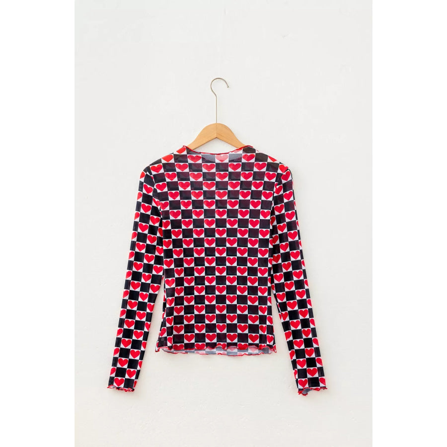 Plaid Heart Mesh Sheer Long Sleeve High Neck Top Apparel and Accessories