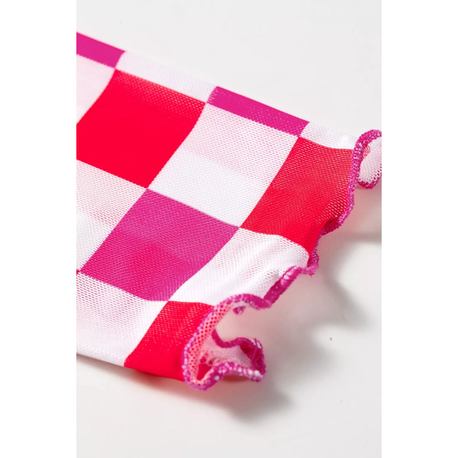 Plaid Heart Mesh Sheer Long Sleeve High Neck Top Apparel and Accessories