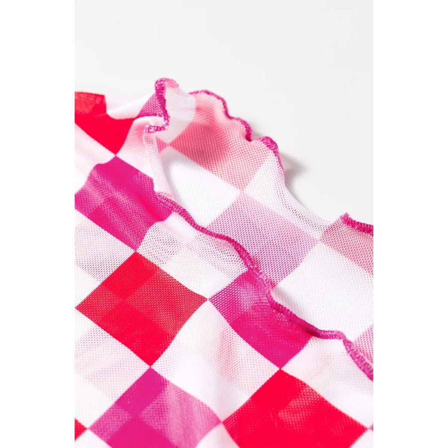 Plaid Heart Mesh Sheer Long Sleeve High Neck Top Apparel and Accessories