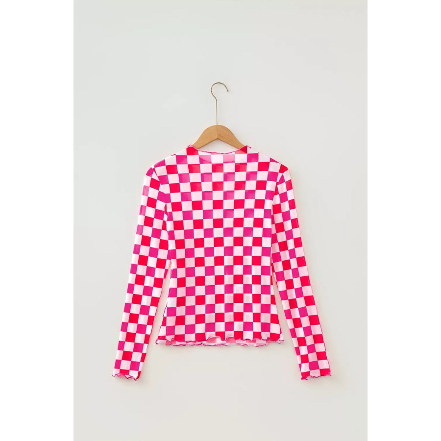 Plaid Heart Mesh Sheer Long Sleeve High Neck Top Apparel and Accessories