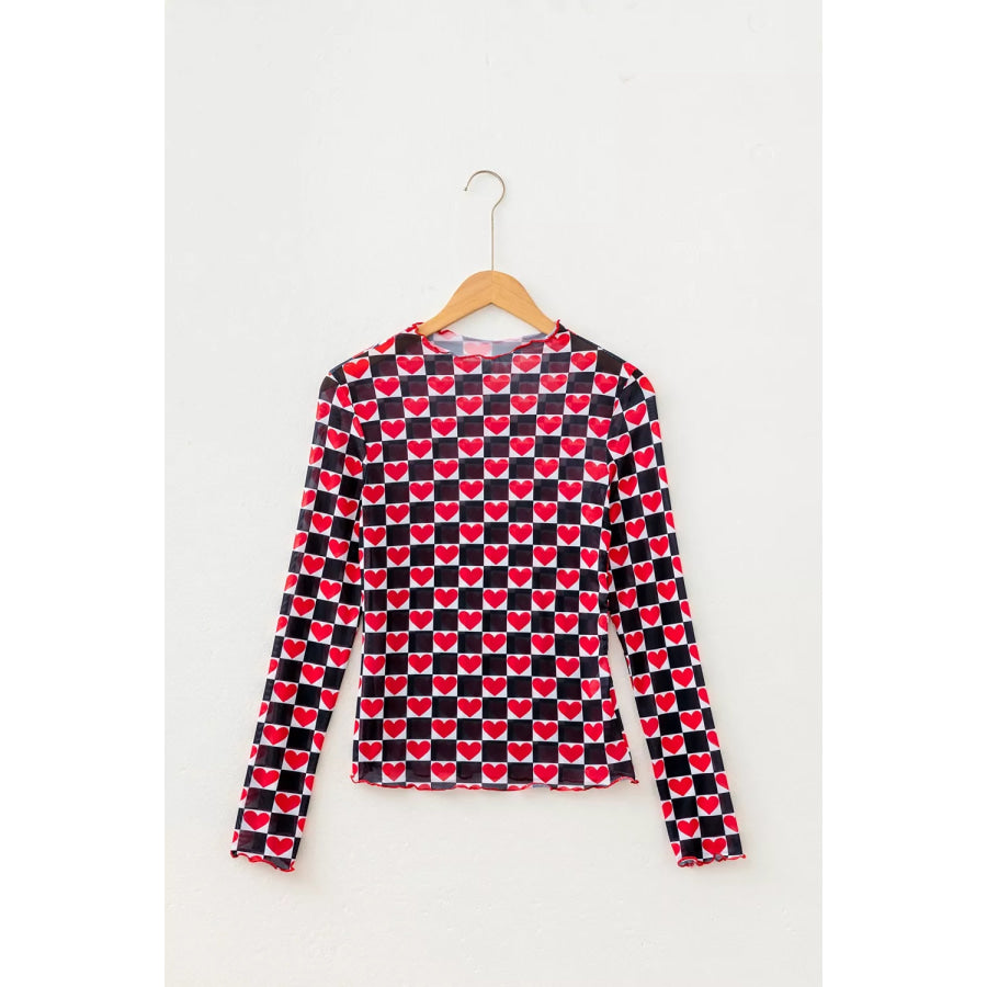 Plaid Heart Mesh Sheer Long Sleeve High Neck Top Apparel and Accessories