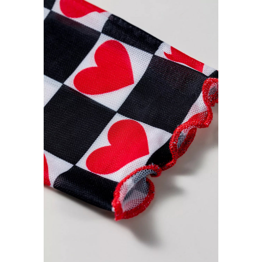 Plaid Heart Mesh Sheer Long Sleeve High Neck Top Apparel and Accessories