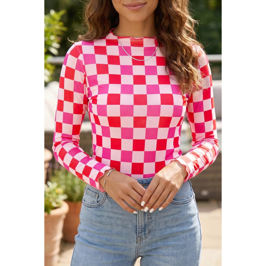 Plaid Heart Mesh Sheer Long Sleeve High Neck Top Hot Pink / S Apparel and Accessories
